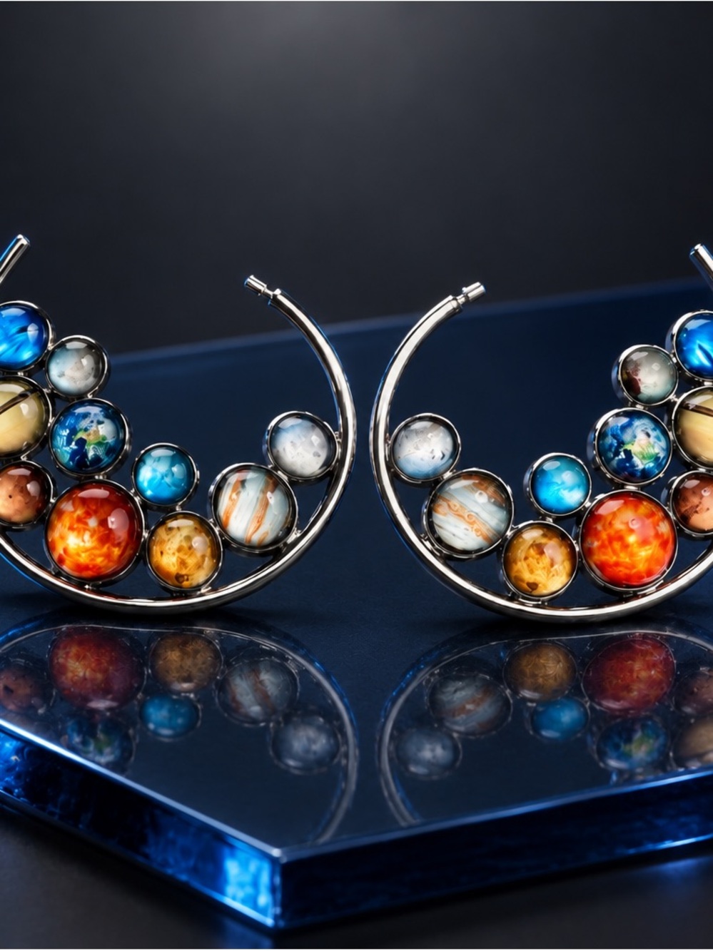 Fashion Jewelry Multicolor Planet Hoop Earrings - Blue, Orange, Red, Gold, Tan